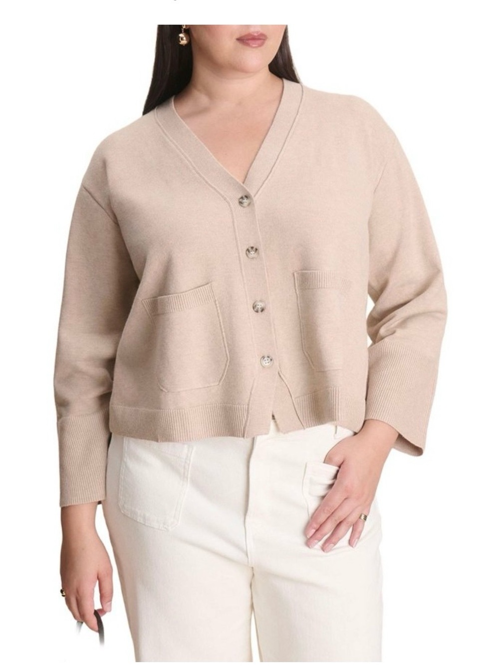 ELOQUII Wide Sleeve Cardigan Sweater in Beige